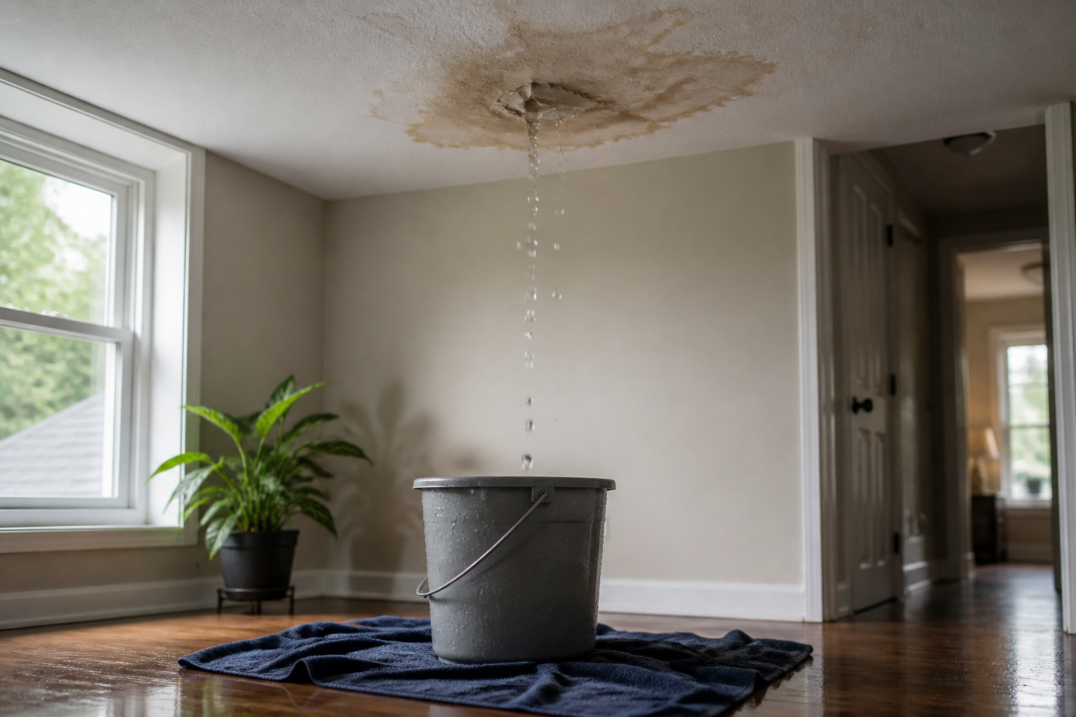 Interior ceiling leak dripping into a bucket after roof damage