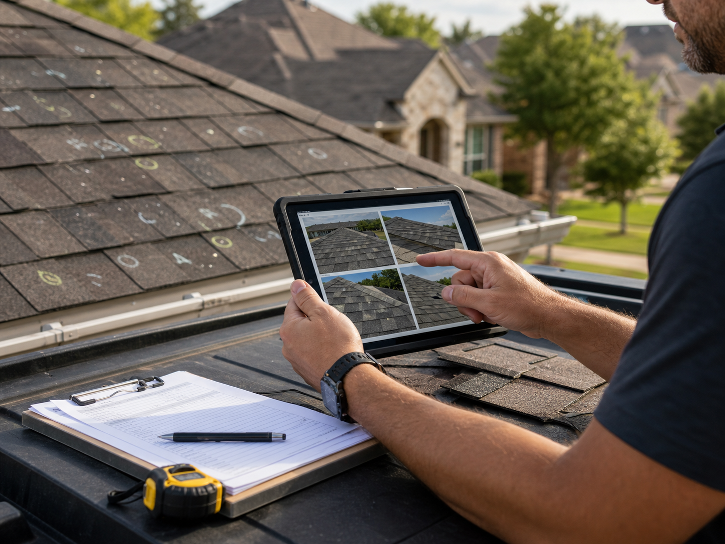 Roof inspection with marked storm damage areas and photo notes